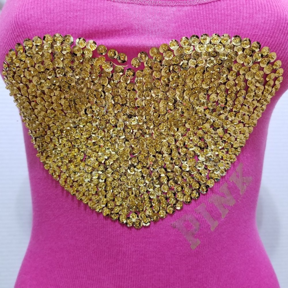 Victoria's Secret PINK top XS beaded sequin bling bedazzled heart ribbed tank - Picture 5 of 10